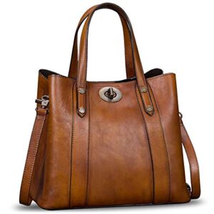 Genuine Leather Handbags for Women Satchel Purses Vintage Handmade Shoulder Bag Cowhide Top Handle Handbag Totes (Brown)