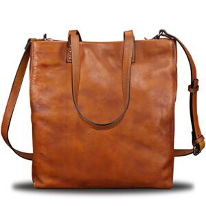 Genuine Leather Tote Bag for Women Handmade Satchel Purses Shoulder Bags Retro Top Handle Handbags (Brown)