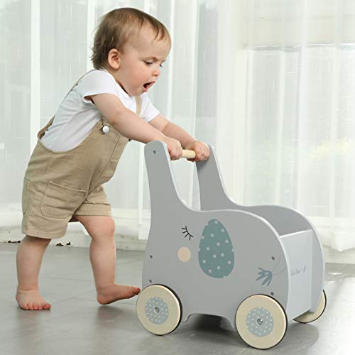 Grey Elephant-2-in-1 Baby Learning Walker Wooden Strollers - Toddler Baby Push Walker Toys with Wheels for Girls Boys 1-3 Years Old, Wagon Toy Walkers Sturdy Construction