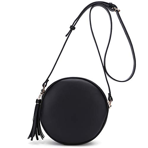 CATMICOO Round Crossbody Purses for Women Circle Bag with Tassel (Black)