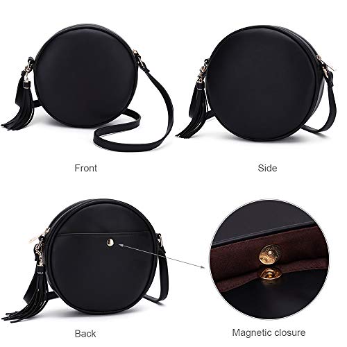 CATMICOO Round Crossbody Purses for Women Circle Bag with Tassel (Black)