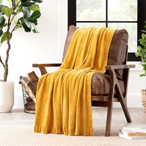 chanasya chenille yellow knit throw blanket – super soft sweature textured classy subtle shimmer decorative knitted blanket for sofa couch bed living room housewarming gift (50×65 inches) yellow