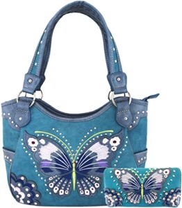 western style springtime embroidery butterfly totes purse country handbag women shoulder bag wallet set (#3 turquoise)
