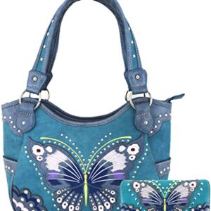 Western Style Springtime Embroidery Butterfly Totes Purse Country Handbag Women Shoulder Bag Wallet Set (#3 Turquoise)