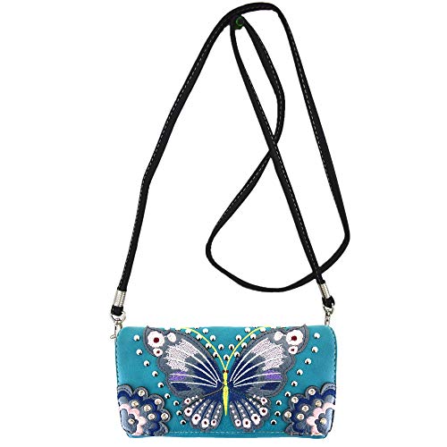 Western Style Springtime Embroidery Butterfly Totes Purse Country Handbag Women Shoulder Bag Wallet Set (#3 Turquoise)