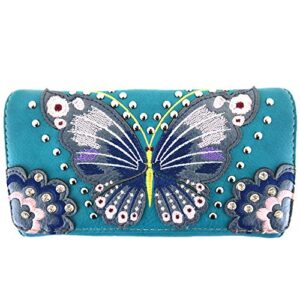 Western Style Springtime Embroidery Butterfly Totes Purse Country Handbag Women Shoulder Bag Wallet Set (#3 Turquoise)