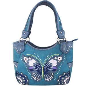 Western Style Springtime Embroidery Butterfly Totes Purse Country Handbag Women Shoulder Bag Wallet Set (#3 Turquoise)