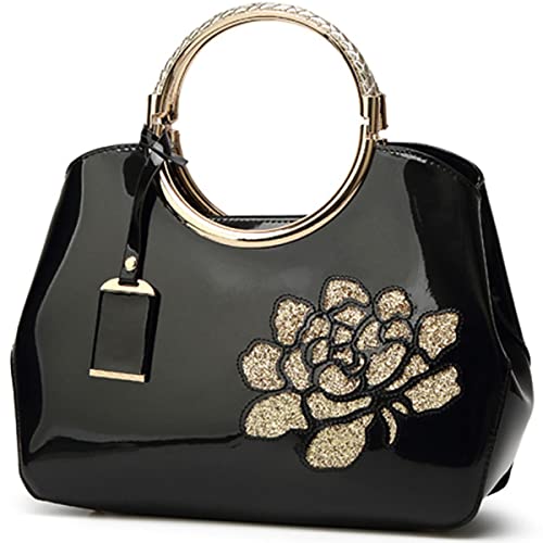 XingChen Women Handbag Patent Leather Flower Pattern Satchel Charm Glossy Purse Metal Grip Structured Shoulder Bag Black