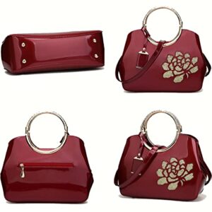 XingChen Women Handbag Patent Leather Flower Pattern Satchel Charm Glossy Purse Metal Grip Structured Shoulder Bag Black