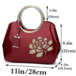 XingChen Women Handbag Patent Leather Flower Pattern Satchel Charm Glossy Purse Metal Grip Structured Shoulder Bag Black