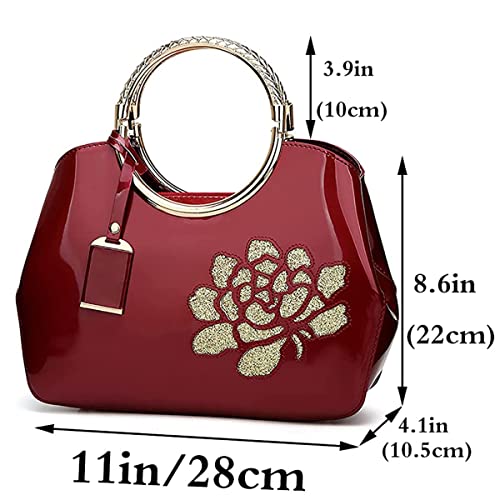 XingChen Women Handbag Patent Leather Flower Pattern Satchel Charm Glossy Purse Metal Grip Structured Shoulder Bag Black