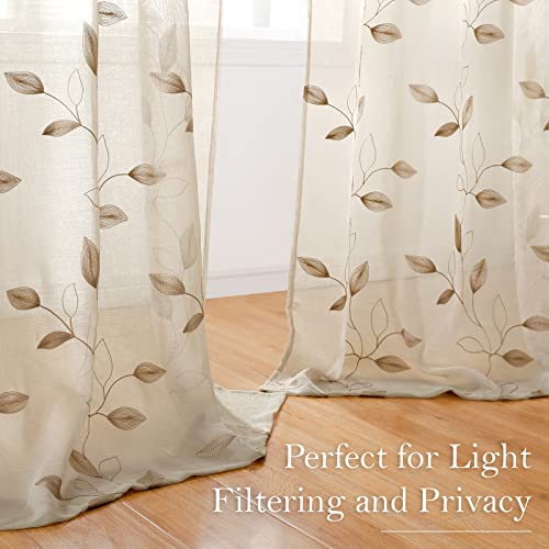 HOMEIDEAS Taupe Sheer Curtains 52 X 84 Inches Long 2 Panels Beige Embroidered Leaf Pattern Pocket Faux Linen Floral Semi Sheer Voile Window Curtains/Drapes for Bedroom Living Room