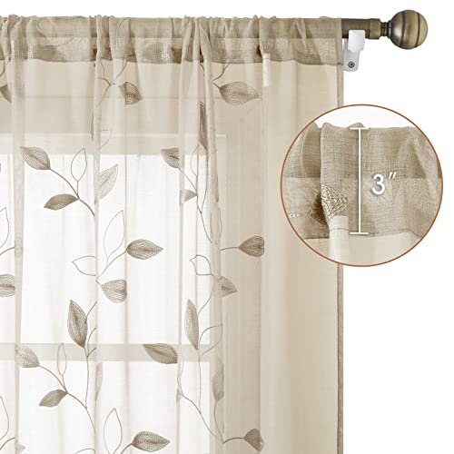 HOMEIDEAS Taupe Sheer Curtains 52 X 84 Inches Long 2 Panels Beige Embroidered Leaf Pattern Pocket Faux Linen Floral Semi Sheer Voile Window Curtains/Drapes for Bedroom Living Room