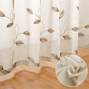 HOMEIDEAS Taupe Sheer Curtains 52 X 84 Inches Long 2 Panels Beige Embroidered Leaf Pattern Pocket Faux Linen Floral Semi Sheer Voile Window Curtains/Drapes for Bedroom Living Room