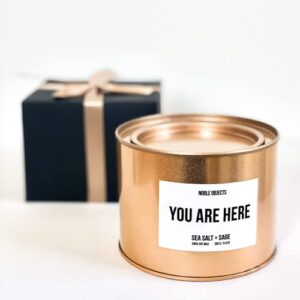 you are here inspirational candle | sea salt & sage relaxing scent | rustic rose gold travel tin candle with a lid | highly scented and long-lasting | natural soy wax large 9 oz candle for home