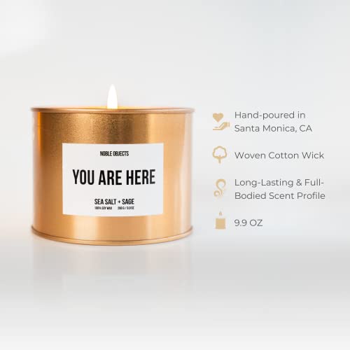 You are Here Inspirational Candle | Sea Salt & Sage Relaxing Scent | Rustic Rose Gold Travel Tin Candle with a lid | Highly Scented and Long-Lasting | Natural Soy Wax Large 9 oz Candle for Home