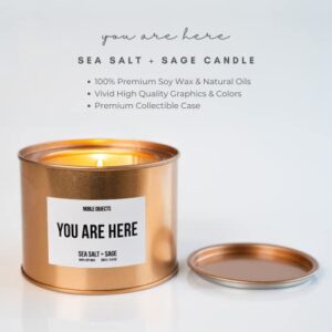 You are Here Inspirational Candle | Sea Salt & Sage Relaxing Scent | Rustic Rose Gold Travel Tin Candle with a lid | Highly Scented and Long-Lasting | Natural Soy Wax Large 9 oz Candle for Home