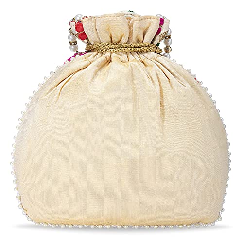 Aheli Ethnic Designer Embroidered Silk Potli Bag Batwa Pearls Handle Clutch Purse for Women (P01) (Multi Floral 4)