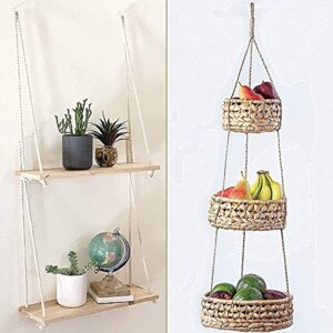 hanging shelves for wall [set of 2 w/ hooks] wooden shelf, hanging fruit basket woven 3 tier for kitchen, counter space saver decorative storage boho home decor planter bathroom, living room bedroom