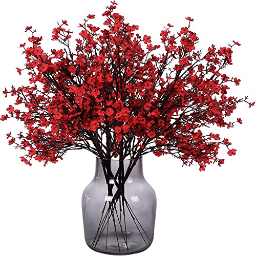 Momkids 6 Pcs Babys Breath Artificial Flowers Bulk Real Touch Faux Gypsophila Bouquet Fake Plastic Silk Flowers for Home Kitchen Bedroom Wedding Festival Christmas Halloween Party Decoration (Red)