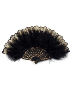 happy feather embroidered flower marabou feather fan, 1920s vintage style flapper hand fan for costume party dancing-black