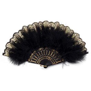 HAPPY FEATHER Embroidered Flower Marabou Feather Fan, 1920s Vintage Style Flapper Hand Fan for Costume Party Dancing-Black