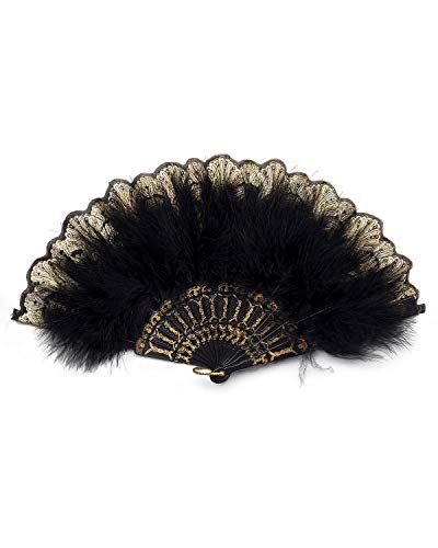 HAPPY FEATHER Embroidered Flower Marabou Feather Fan, 1920s Vintage Style Flapper Hand Fan for Costume Party Dancing-Black