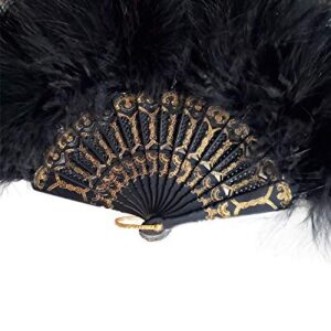 HAPPY FEATHER Embroidered Flower Marabou Feather Fan, 1920s Vintage Style Flapper Hand Fan for Costume Party Dancing-Black