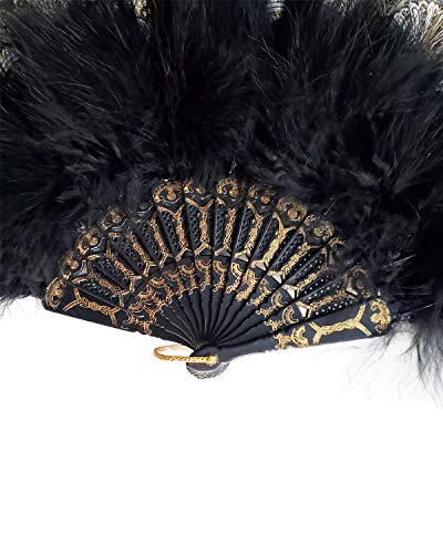 HAPPY FEATHER Embroidered Flower Marabou Feather Fan, 1920s Vintage Style Flapper Hand Fan for Costume Party Dancing-Black