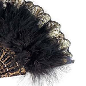 HAPPY FEATHER Embroidered Flower Marabou Feather Fan, 1920s Vintage Style Flapper Hand Fan for Costume Party Dancing-Black