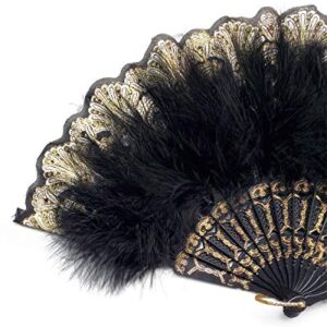 HAPPY FEATHER Embroidered Flower Marabou Feather Fan, 1920s Vintage Style Flapper Hand Fan for Costume Party Dancing-Black