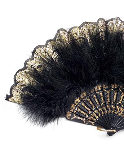 HAPPY FEATHER Embroidered Flower Marabou Feather Fan, 1920s Vintage Style Flapper Hand Fan for Costume Party Dancing-Black