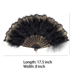 HAPPY FEATHER Embroidered Flower Marabou Feather Fan, 1920s Vintage Style Flapper Hand Fan for Costume Party Dancing-Black