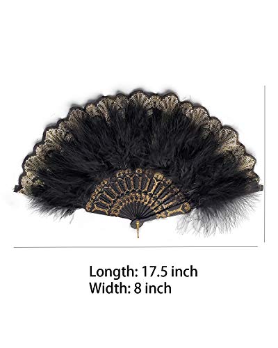 HAPPY FEATHER Embroidered Flower Marabou Feather Fan, 1920s Vintage Style Flapper Hand Fan for Costume Party Dancing-Black