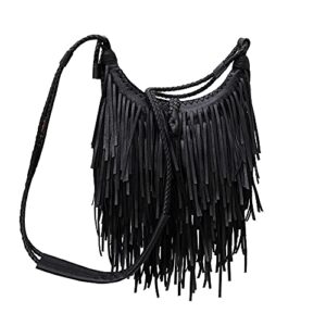 dbmgb leather hobo bag, fringe crossbody bags, tassel purse, vintage shoulder handbags, for women girls,black