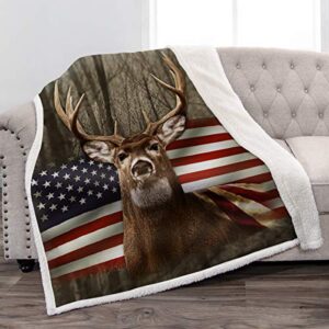 Jekeno Sherpa Blanket US Flag with Deer Forest Soft Warm Print Throw Blanket Adults Gift Sofa Chair Bed Office 50"x60"