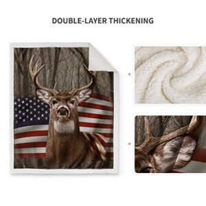 Jekeno Sherpa Blanket US Flag with Deer Forest Soft Warm Print Throw Blanket Adults Gift Sofa Chair Bed Office 50"x60"