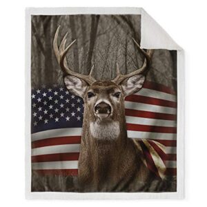 Jekeno Sherpa Blanket US Flag with Deer Forest Soft Warm Print Throw Blanket Adults Gift Sofa Chair Bed Office 50"x60"