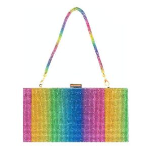 Van Caro Women Rainbow Evening Clutch Bag,Rhinestone Colorful Square Box Shoulder Handbag for Wedding Party Tote Purse,Big Rainbow