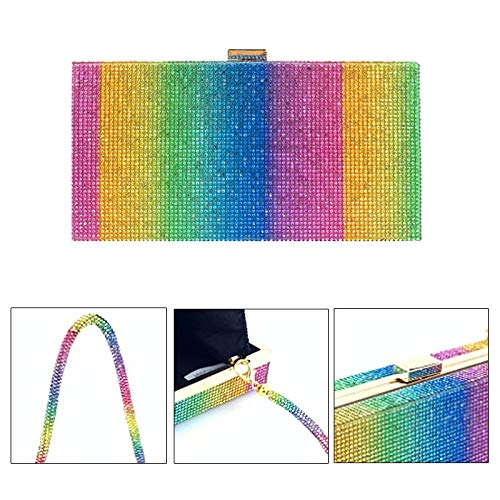 Van Caro Women Rainbow Evening Clutch Bag,Rhinestone Colorful Square Box Shoulder Handbag for Wedding Party Tote Purse,Big Rainbow