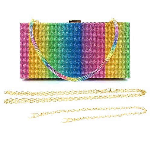 Van Caro Women Rainbow Evening Clutch Bag,Rhinestone Colorful Square Box Shoulder Handbag for Wedding Party Tote Purse,Big Rainbow