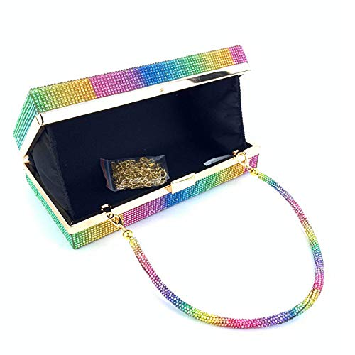Van Caro Women Rainbow Evening Clutch Bag,Rhinestone Colorful Square Box Shoulder Handbag for Wedding Party Tote Purse,Big Rainbow