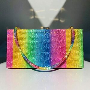 Van Caro Women Rainbow Evening Clutch Bag,Rhinestone Colorful Square Box Shoulder Handbag for Wedding Party Tote Purse,Big Rainbow