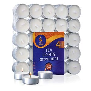 unscented tealight candles | 4-hour long burn time, 50 pack | smokeless and dripless white tea light candles | small tea candles for home, travel, weddings, shabbat, & emergencies