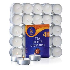 Unscented Tealight Candles | 4-Hour Long Burn Time, 50 Pack | Smokeless and Dripless White Tea Light Candles | Small Tea Candles for Home, Travel, Weddings, Shabbat, & Emergencies