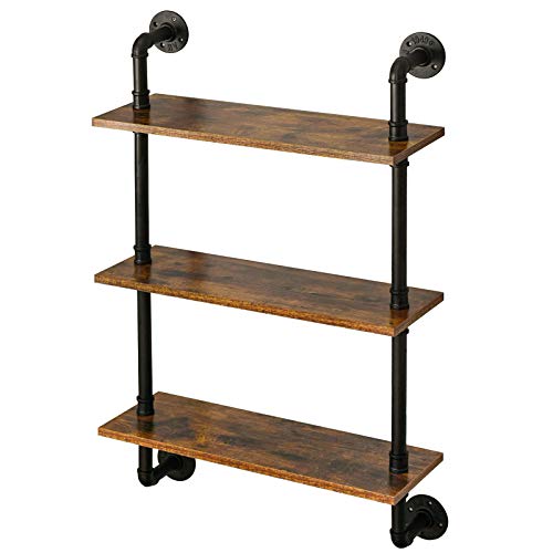 IBUYKE Pipe Floating Shelves,37.5" Industrial Pipe Shelves,3-Tier Rustic Wall Mount Bookcase,Metal Bracket Storage Wall Shelf for Bedroom, Kitchen, Living Room, Bathroom GL-TM003