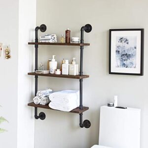 IBUYKE Pipe Floating Shelves,37.5" Industrial Pipe Shelves,3-Tier Rustic Wall Mount Bookcase,Metal Bracket Storage Wall Shelf for Bedroom, Kitchen, Living Room, Bathroom GL-TM003