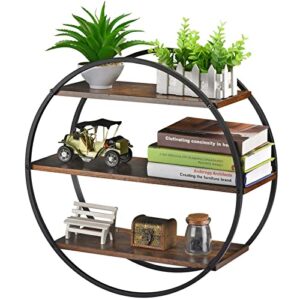 bcozlux floating shelves, 3 tier decorative geometric circle metal and wood wall shelves, bathroom shelf round wall decor, rustic brown