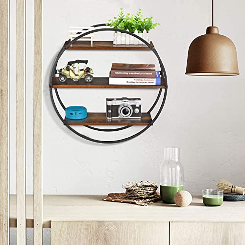 BCOZLUX Floating Shelves, 3 Tier Decorative Geometric Circle Metal and Wood Wall Shelves, Bathroom Shelf Round Wall Decor, Rustic Brown