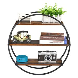 BCOZLUX Floating Shelves, 3 Tier Decorative Geometric Circle Metal and Wood Wall Shelves, Bathroom Shelf Round Wall Decor, Rustic Brown